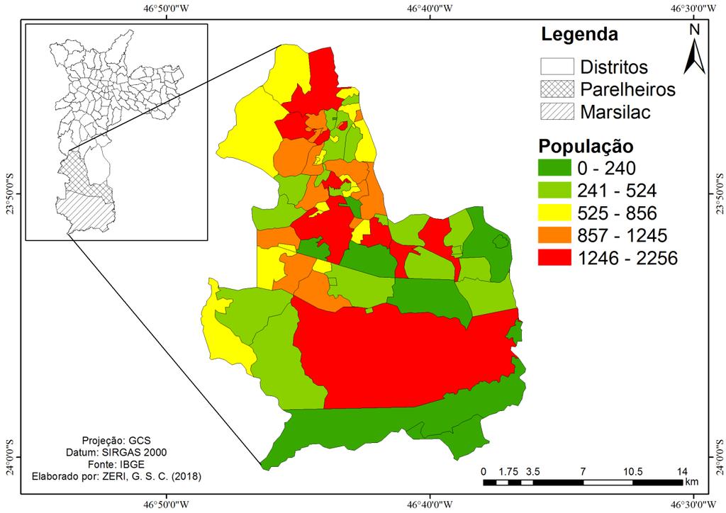 Figura 7: Mapa de espacialização da população por setores censitários (2000) dos distritos de Parelheiros e Marsilac.