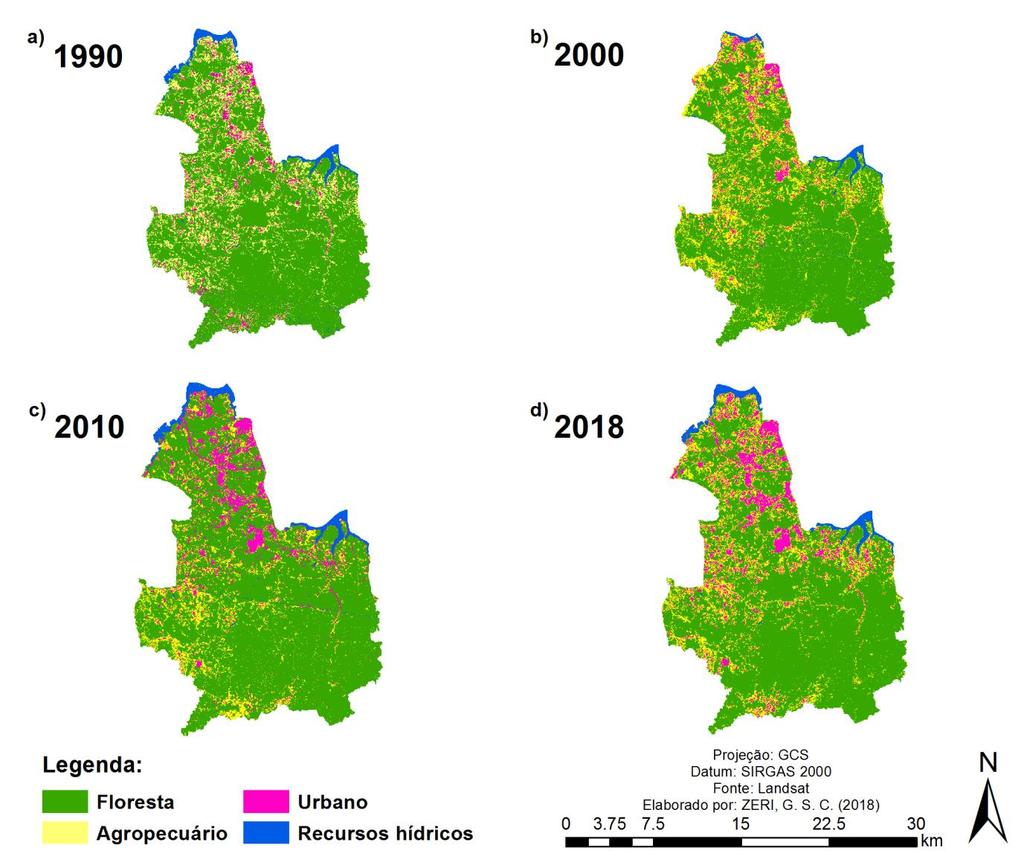 Figura 9: Mapas de mudança de uso e cobertura da terra (1990, 2000, 2010, 2018) dos distritos de Parelheiros e Marsilac.
