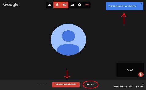 Gravando a Vídeo Conferência Após pressionar o OK, surge no canto superior da tela a mensagem de que o Hangout está no ar.