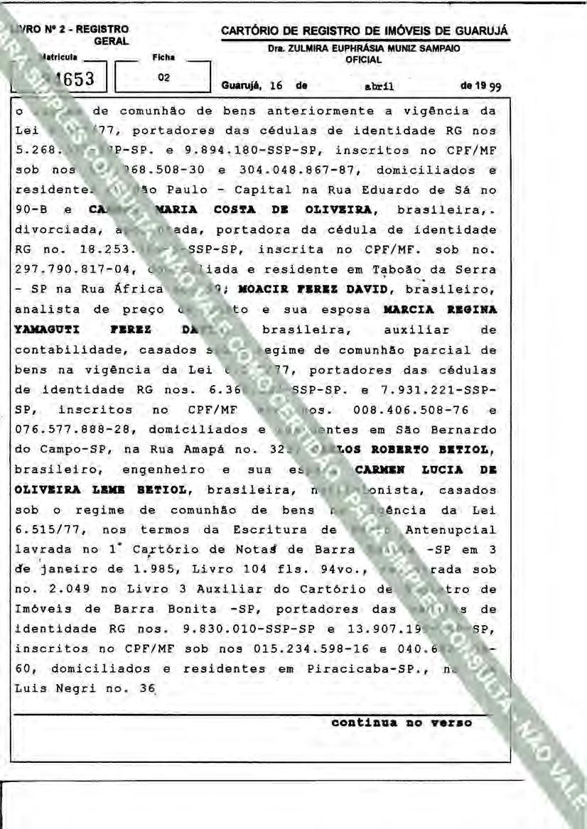 RO ~ 2 - REGISTRO GERAL sob 90- B.e divorciada, RG no. Ficha 02 CARTÓRIO DE REGISTRO DE IMÓVEIS DE GUARUJÁ Ora.