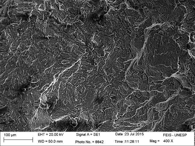 71 Figura 46 - Fractografia da superfície da zona de fadiga (A).