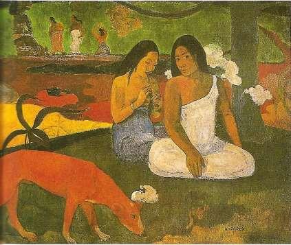 2.1- A iconografia: o quadro Arearea (Passatempo, também conhecida como Cão Vermelho) representa uma cena da vida cotidiana no Taiti.
