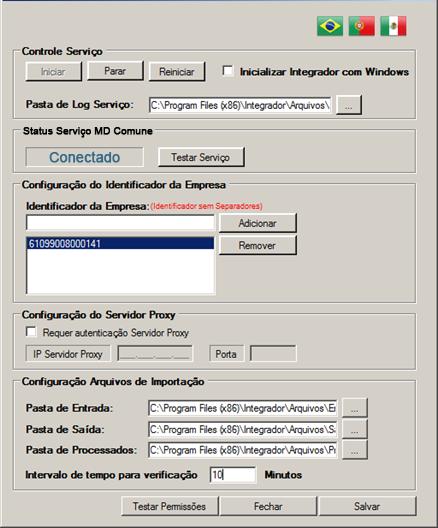 5. Configurando o software Ao acessar o software, será apresentada a tela: Esta tela será utilizada para configurar software e efetuar o controle do serviço de comunicação com os equipamentos.