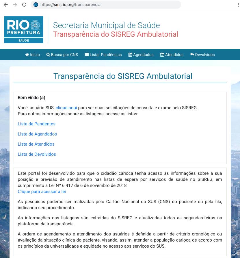 1 Página inicial Acesse a Plataforma de Transparência do SISREG através do endereço: smsrio.