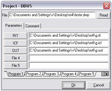Imagem 2 Configuração do projeto. Nesta janela você deverá escolher os arquivos que serão utilizados no comando de acionamento do DBWS. O DBWS será executado como C:\m4\dbws.