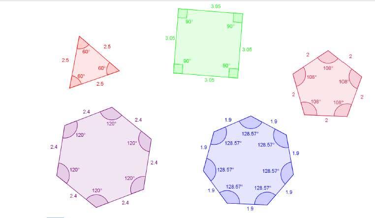 3º Exemplo: A seguir você vê cinco polígonos representados. Para cada um deles, estão indicadas as medidas dos lados (numa determinada unidade de medida) e as medidas dos ângulos internos.