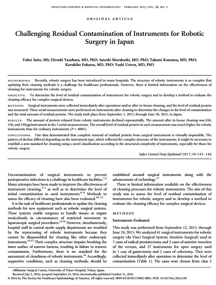Contaminação Residual Desafiadora de Instrumentos para Cirurgia Robótica no Japão Introdução: Recentemente, a cirurgia robótica foi introduzida em muitos hospitais.