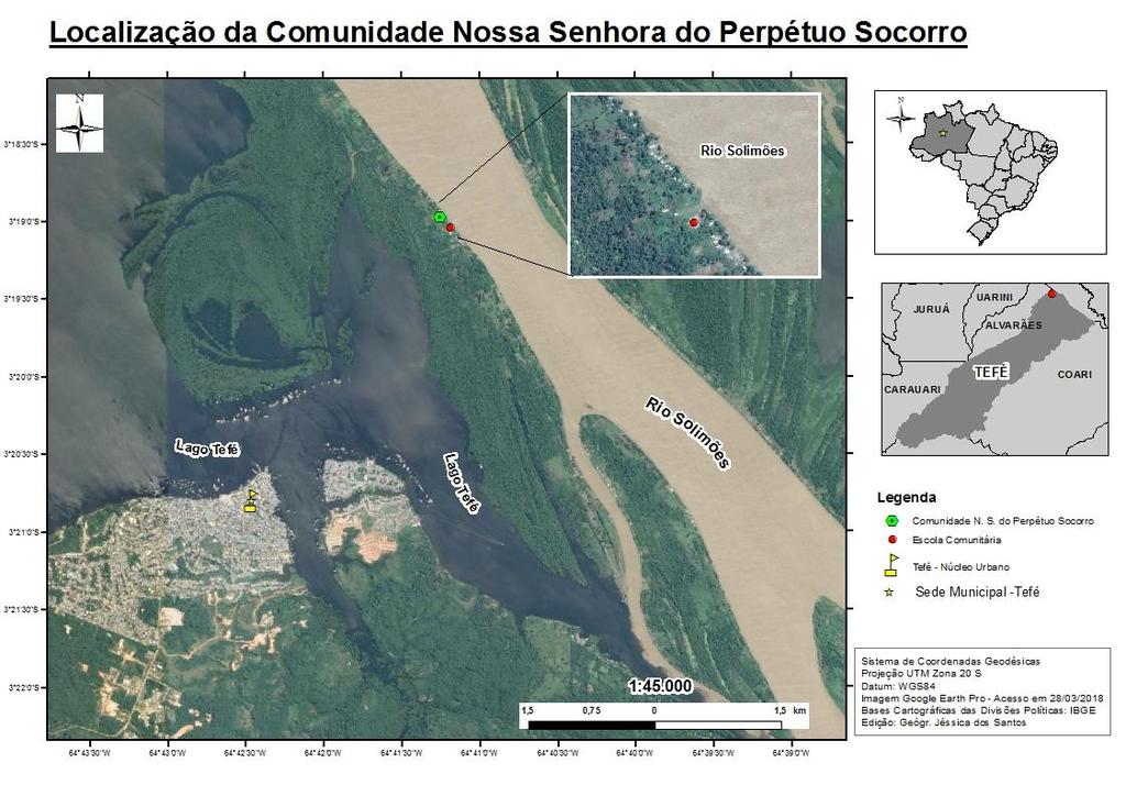 36 CAPÍTULO 2 NOSSA SENHORA DO PERPÉTUO SOCORRO: UM LUGAR VIVIDO NA VÁRZEA DO AMAZONAS (TEFÉ-AM) Será apresentada a localização geográfica da cidade de Tefé e da comunidade de Nossa Senhora do