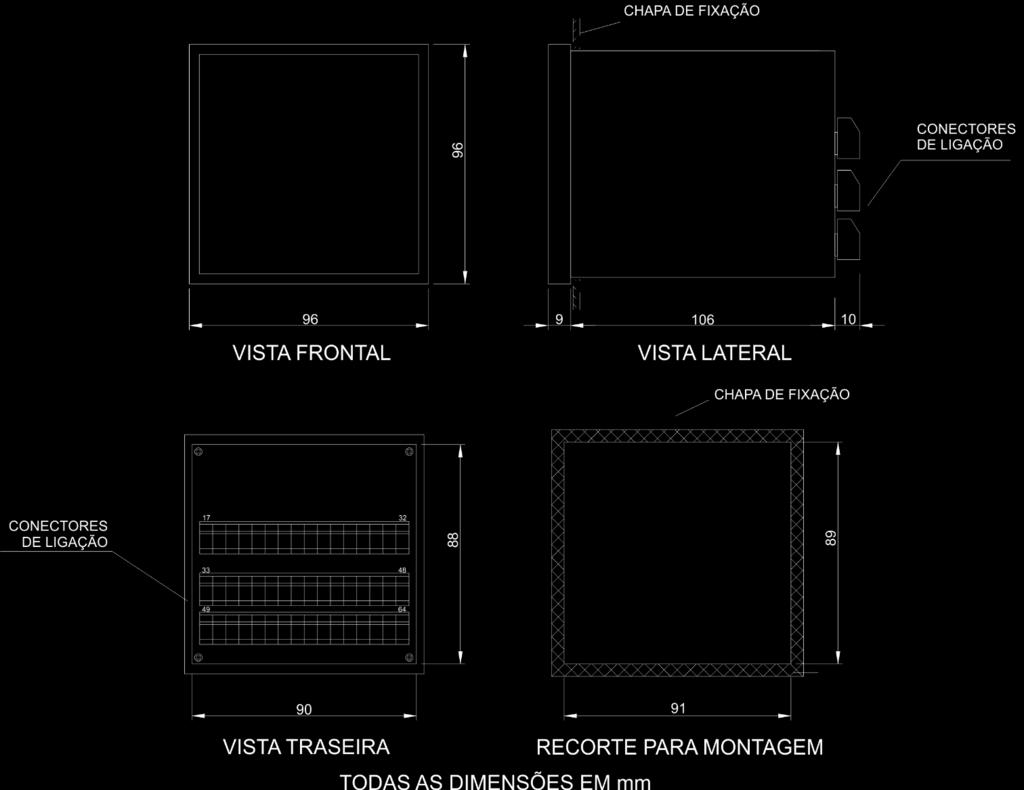 removíveis, de forma a facilitar as conexões. Podem ser utilizados cabos de 0,3 a 2,5mm 2, seguindo as boas práticas de instalação. Figura 8 - Dimensões do TMV 3.