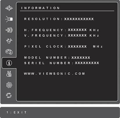 Controle Explicação Information (Informações) exibe o modo de sincronização (entrada do sinal de vídeo), vindo da placa gráfica em seu computador, o número do modelo LCD, o número de série e o URL do