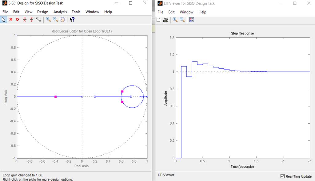 e) Apresente um código matlab que gere o LR do sistema compensado e a resposta ao degrau do sistema original e compensado (1,0). T=0.