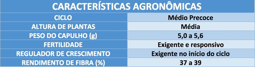 CARACTERÍSTICAS DA CULTIVAR ALTO TETO PRODUTIVO CICLO CURTO (rápida frutificação) ARQUITETURA MODERNA DE PLANTAS BOA QUALIDADE DE FIBRA