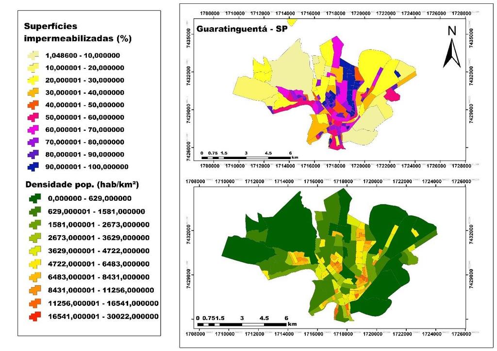 Figura 7: Mapas com as superfícies impermeabilizadas e densidade populacional nos setores censitários em Guaratinguetá - SP.