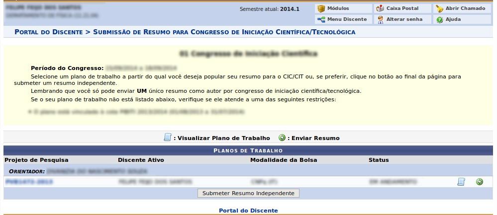 Na tela a seguir, serão listados os planos de trabalho que o discente possui para submissão do resumo.