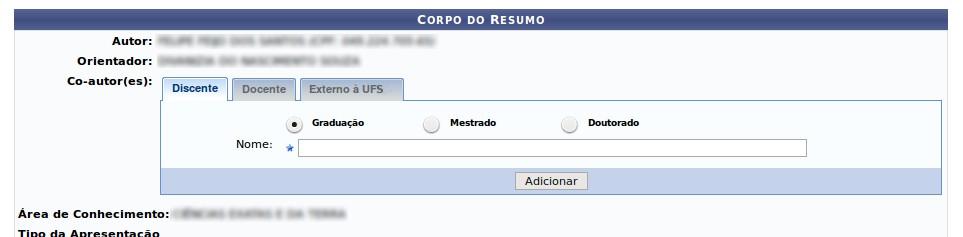 Ao clicar na opção para adicionar co autor é exibida uma caixa de seleção com 03 opções: Discente, Docente e Externo à UFS.