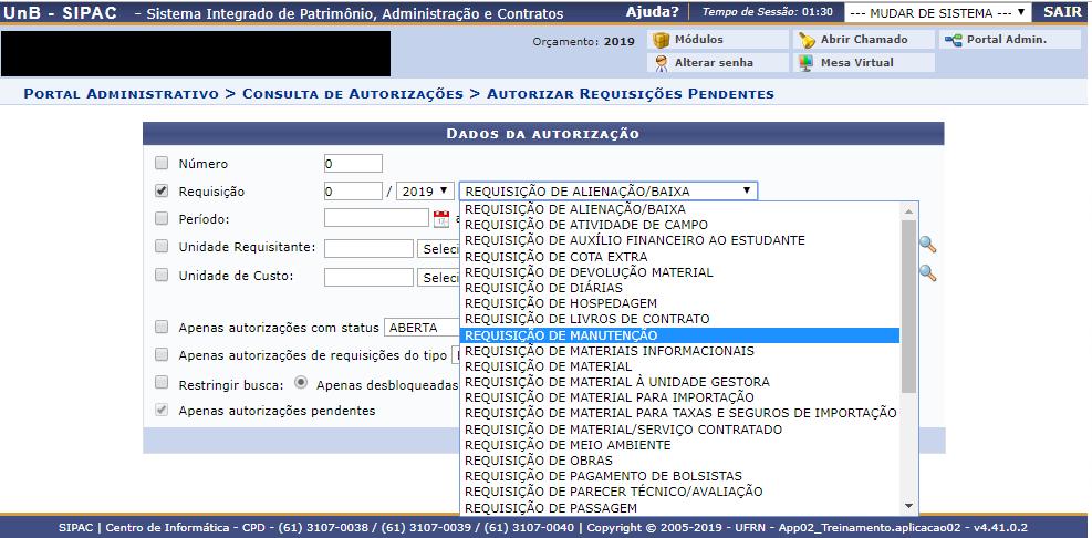 O autorizador deverá selecionar apenas as autorizações de requisições do tipo requisição de manutenção, conforme exemplo abaixo: O autorizador terá acesso