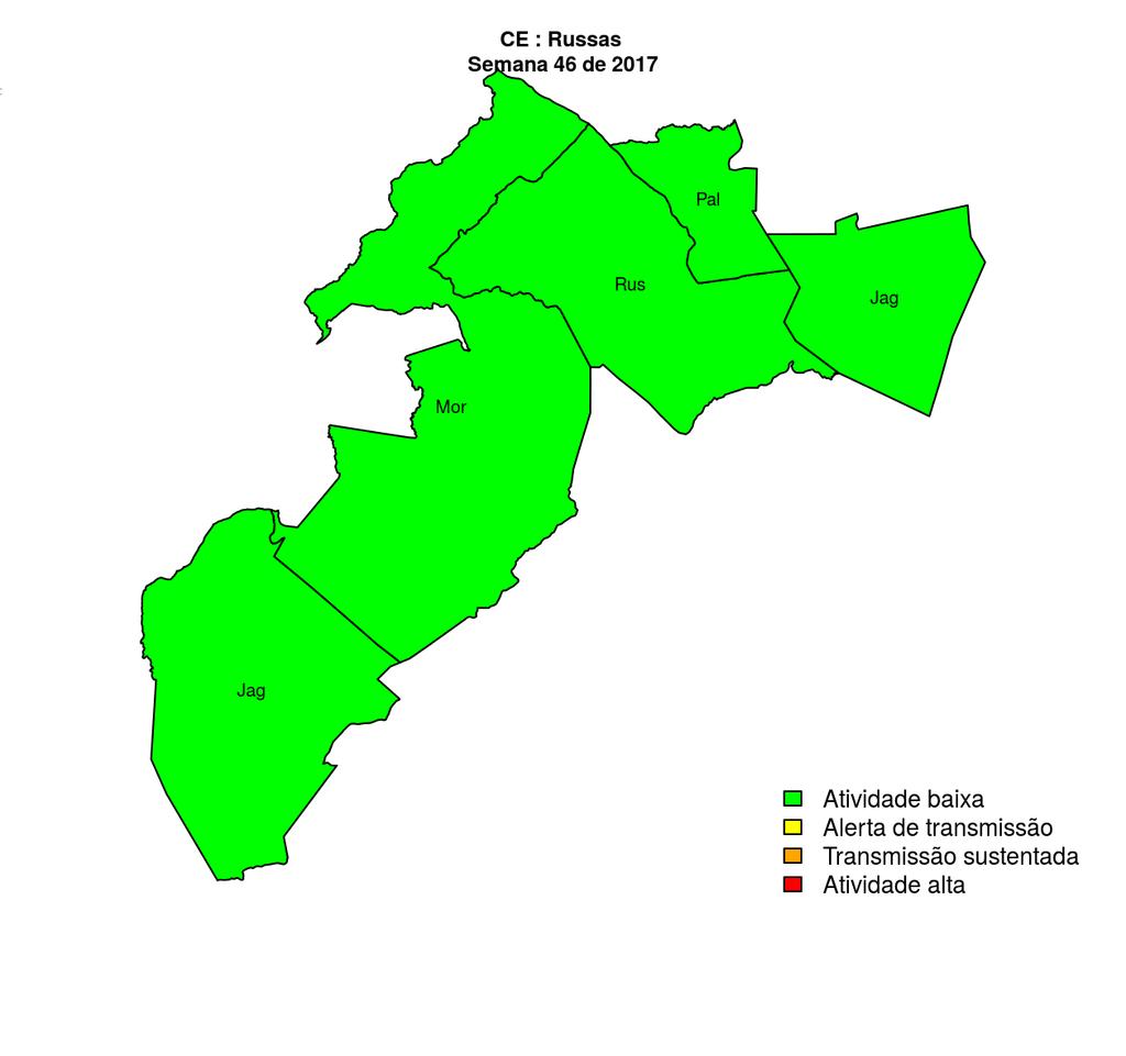 Regional Russas Desde o início do ano, 1136 casos de dengue foram registrados na Regional de Saúde, sendo 2 na última semana. Jaguaruana Palhano Russas Morada Nova Jaguaretama Figura 19.