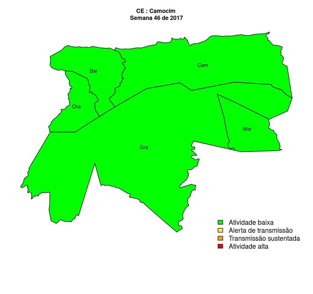 Regional Camocim Desde o início do ano, 195 casos de dengue foram registrados na Regional de Saúde, sendo 0 na última semana. Martinópole Chaval Camocim Granja Barroquinha Figura 21.