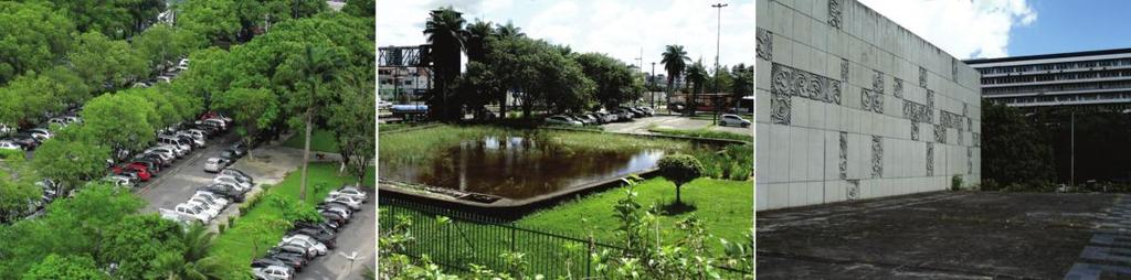 Inventário e conservação do Jardim Burle Marx na Sudene 125 Figura 6: Estacionamento, vegetação, espelho d água e painel no jardim da Sudene. Fonte: Acervo do Laboratório da Paisagem da UFPE.
