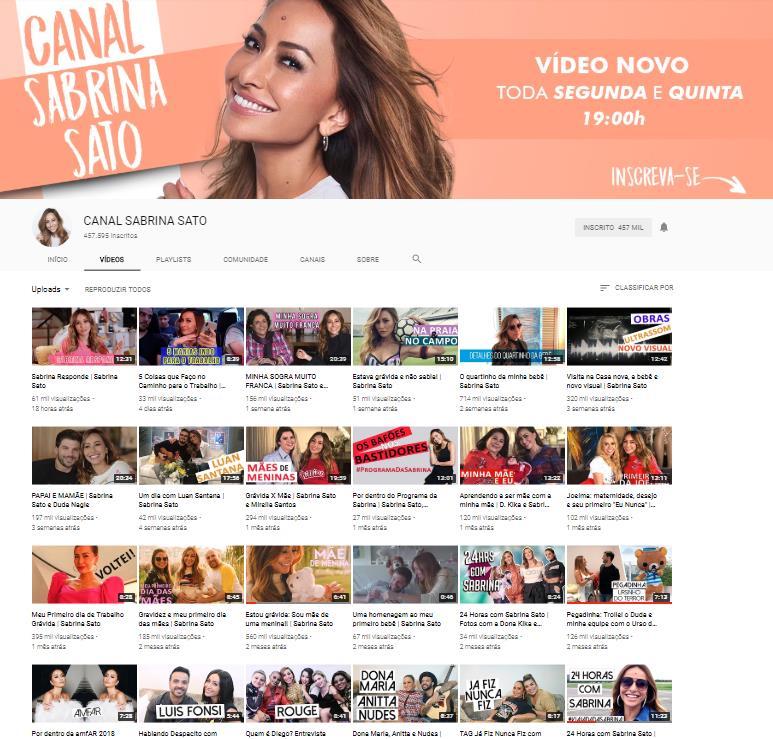 PATROCÍNIO NO YOUTUBE Os conteúdos relacionados à maternidade publicados no canal da Sabrina, no YouTube, são patrocinados pela marca com vinheta de oferecimento (5 ).