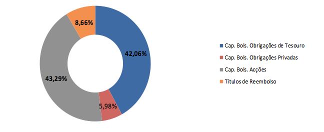 bolsista, as acções tiveram o maior peso com uma contribuição de 43.29%, seguidas pelas obrigações de tesouro com o peso de 42.