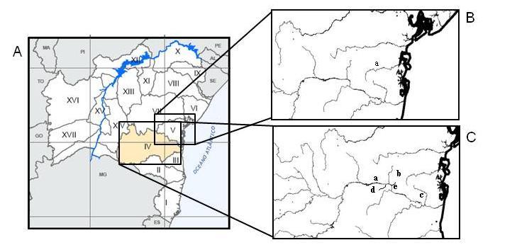 A) Mapa das bacias do Nordeste: IV- Bacia do rio de Contas; V-Bacia do
