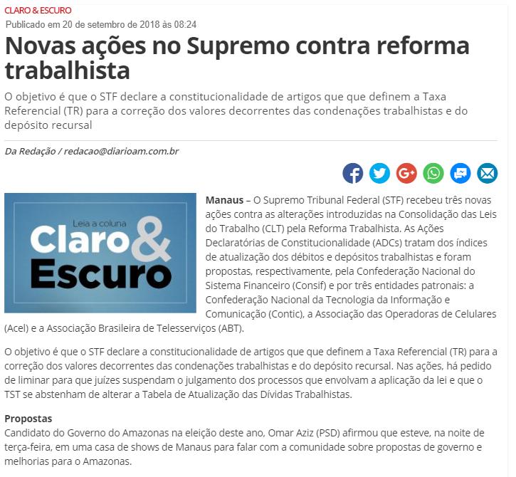 Título: Novas ações no Supremo contra reforma trabalhista Veículo: D24AM Data: 20.09.