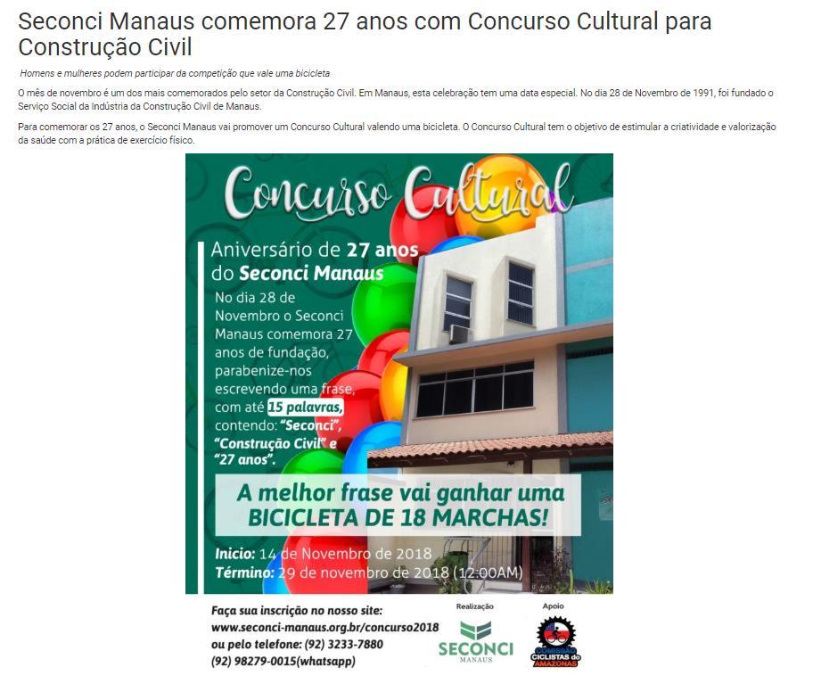 Título: Seconci Manaus comemora 27 anos com Concurso Cultural para Construção Civil Veículo: Seconci