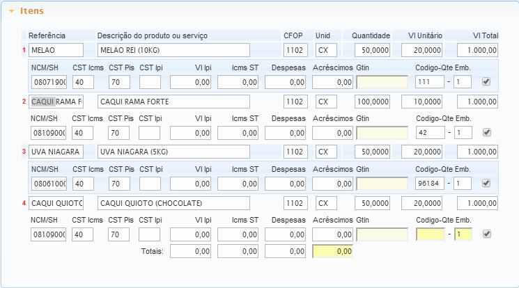 6 4. Itens Itens da NF-e: Ao clicar na aba Itens o sistema apresentará uma tela com todos os itens, quantidades e impostos por item.