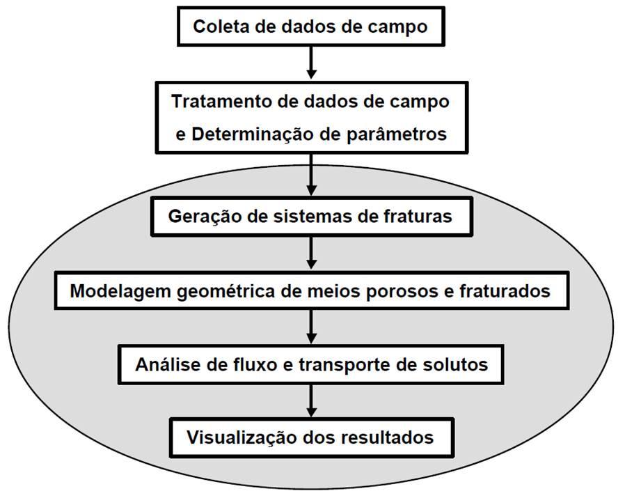 4 Procedimento para a modelagem O sistema desenvolvido para o modelamento de fluxo em meios porosos fraturados consiste de várias etapas de trabalho.