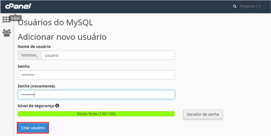 4 - Descendo um pouco mais, você verá a parte onde se pode criar um novo "Usuário MySQL".