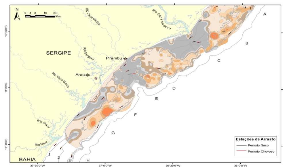 17 Figura 2: Mapa identificando as estações amostrais nas Bacias sedimentares de Sergipe-Alagoas e Jacuípe, identificadas pelos transectos de A até o H e suas respectivas isóbatas de 10, 25 e 50 m,