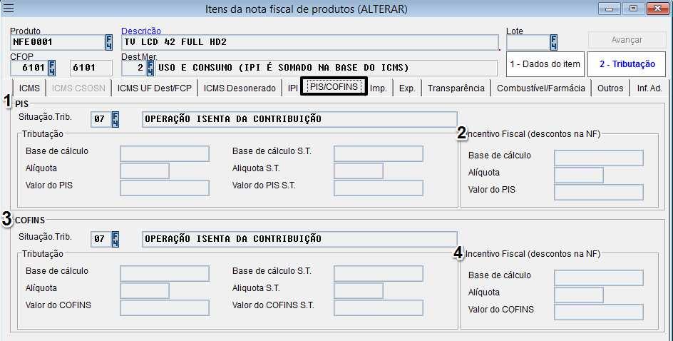 Especificações da aba do PIS/COFINS: 1. Campos para informações da tributação da base de cálculo do PIS. 2.