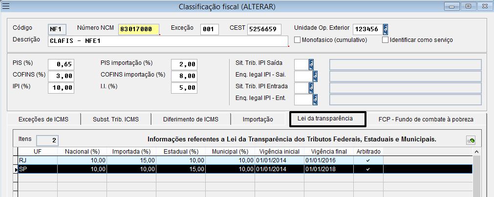 Especificação da aba transparência: Lei