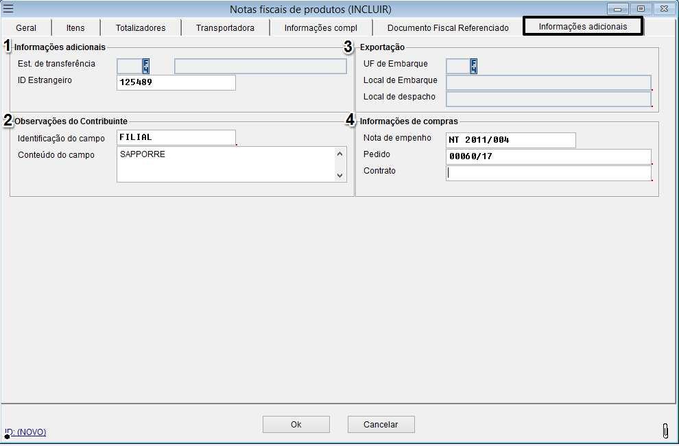 Tela Informações adicionais 1- Informações adicionais: Ao processar uma nota de transferência, caso a NF-e tenha sido de saída, uma movimentação de entrada será realizada no estoque de transferência