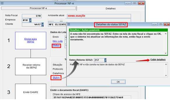 Detalhe do Status da SEFAZ: Nessa tela são exibidos os detalhes do relatório da SEFAZ, com orientações de