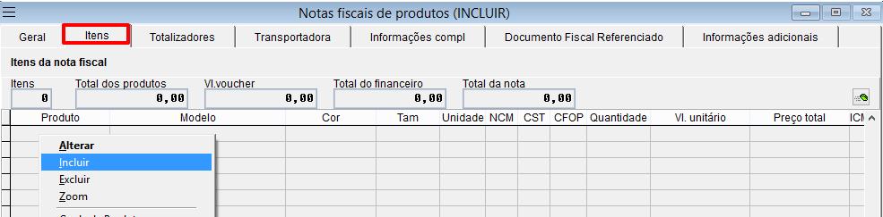 Incluir item na nota: Inserir