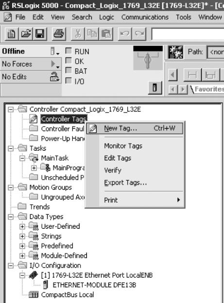 4 Elaboração do projecto e colocação em funcionamento Configuração do mestre (Scanner EtherNet/IP) As novas variáveis são criadas em [Controller CompactLogix] / [Controller Tag] da estrutura de