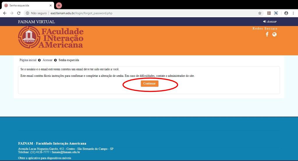 Para continuar basta clicar no botão Continuar, será enviado um e-mail para
