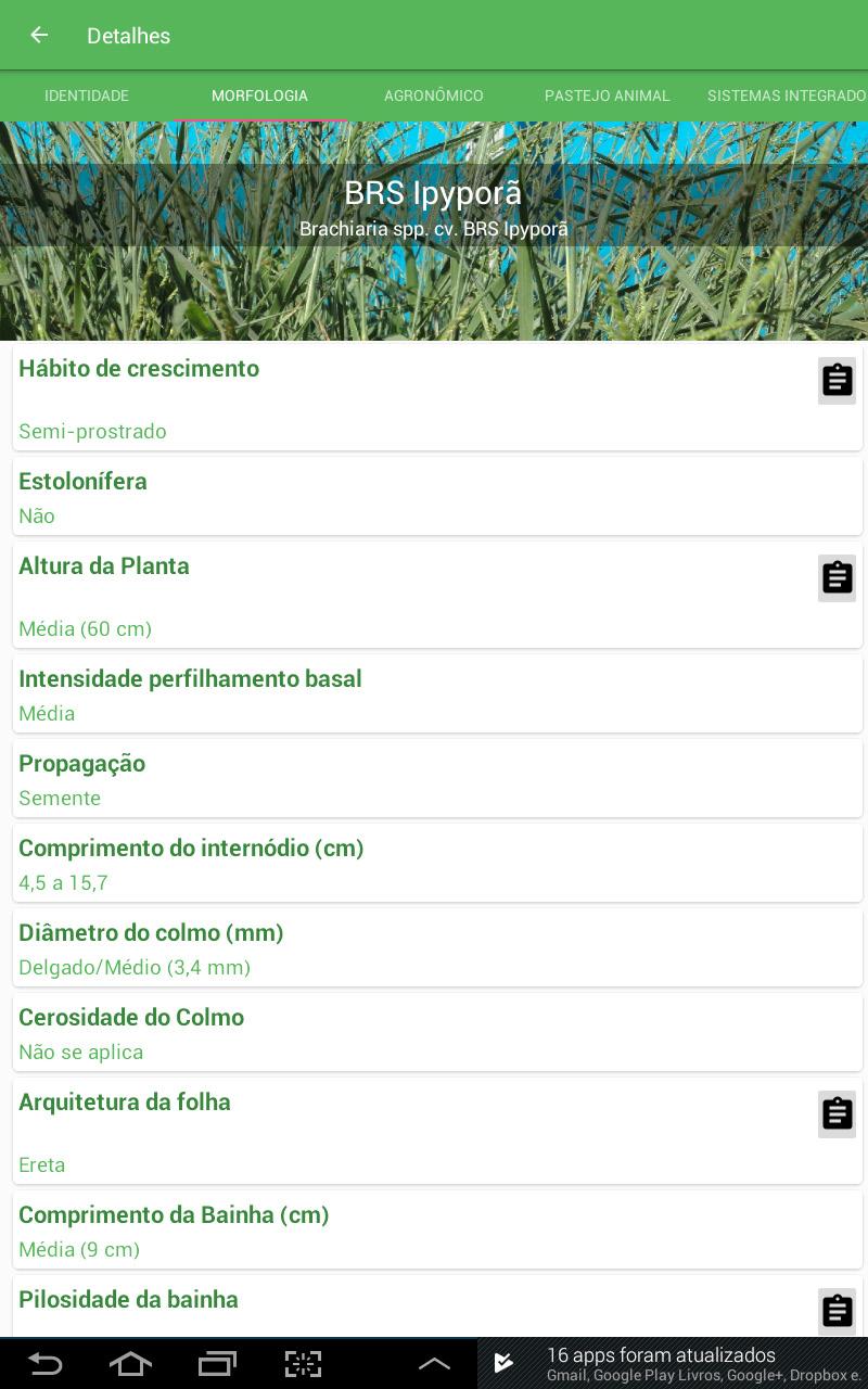 Pasto Certo - versão 1.0 - aplicativo para dispositivos móveis sobre forrageiras tropicais 5 canto direito da variável correspondente, encontra-se disponível um ícone na forma de prancheta.