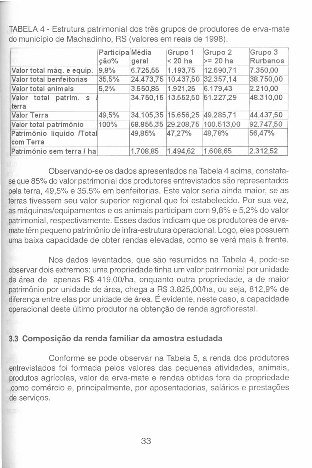 TABELA 4 - Estrutura patrimonial dos três grupos de produtores de erva-mate do município de Machadinho, RS (valores em reais de 1998).
