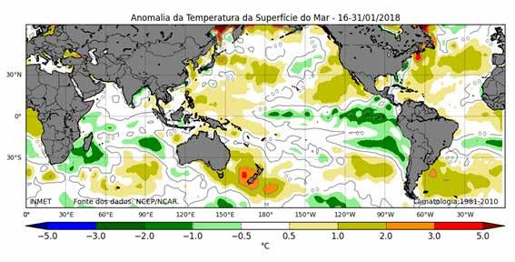 Condições oceânicas recentes e tendência O mapa de anomalias da temperatura na superfície do mar (TSM) da segunda quinzena do mês de janeiro (Figura 3) mostra o predomínio de áreas com anomalias