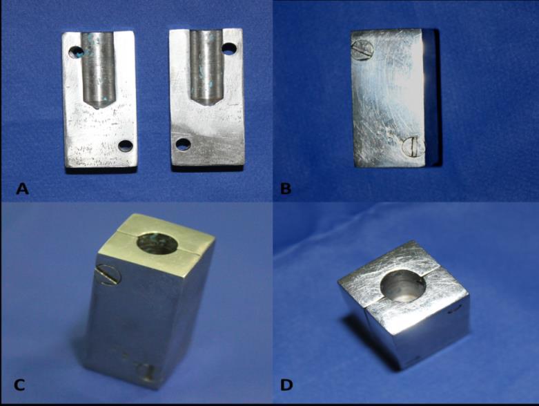 Figura 5. Mufla metálica (A): Partes da Mufla separadas. (B) Mufla fechada pelos parafusos. (C):Vista Lateral.