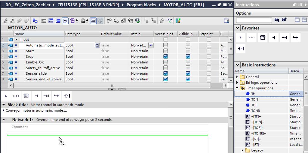 Procure em Basic instructions (Instruções simples) Timer operations (Tempos) conforme função (Generate pulse (Gerar impulso)) e arraste na sua rede 1 (aparece