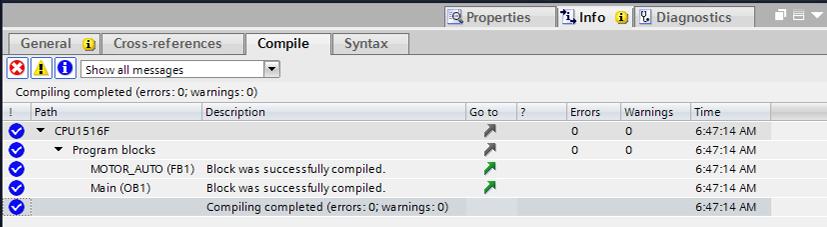 ( Program blocks (Blocos do programa) ) Na área "Info" "Compile" (Verter) será mostrado em seguida, qual bloco pôde