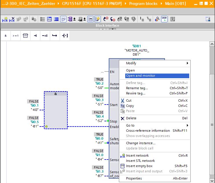 O módulo de função "MOTOR_AUTO" [FB1] chamado no módulo organizacional "Main [OB1]" pode ser selecionado diretamente após um clique com a tecla direita do mouse