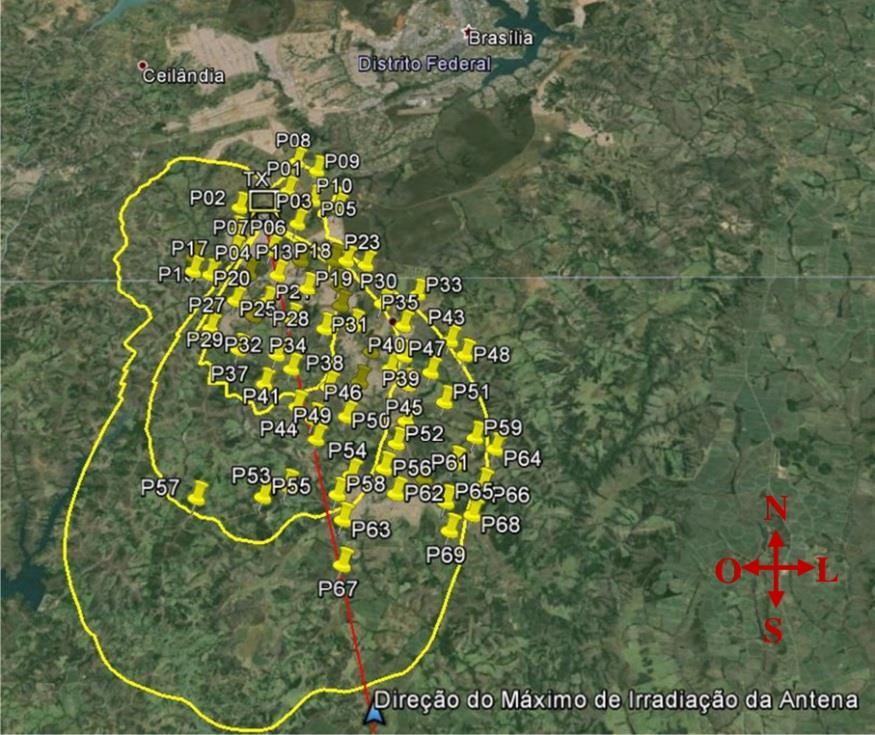 Figura 4.1.2: Região dos testes e localização dos pontos fixos [1] A Recomendação ITU-R BT.