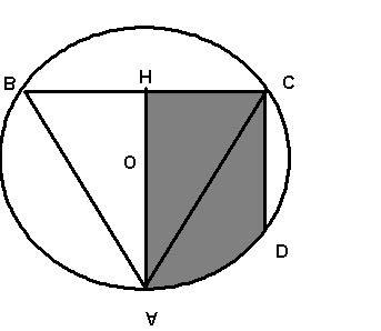 Sabendo que AH é a altura do triângulo e D é o ponto médio do arco ADC, pode-se afirmar que, em cm, a área da região hachurada é A) ( 9 + π) B) ( + 9π) D) ( 9 + π) C) ( 9 + π) E) ( + 9π) 09.