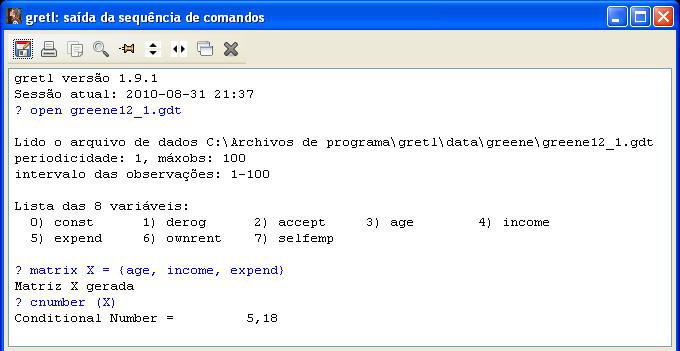 Figura 1. Resultado da função cnumber Como mostra o resultado, o conjunto das variáveis gera um conditional number de 5.18, indicando uma baixa colineariedade entre os regressores.