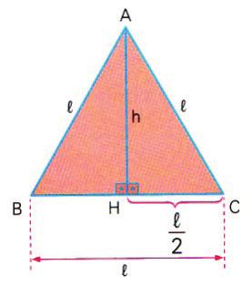 quadrados dos catetos é igual ao quadrado da hipotenusa. Teorema de Pitágoras no quadrado l= medida do lado h= medida da altura No triângulo equilátero, a altura e a mediana coincidem.